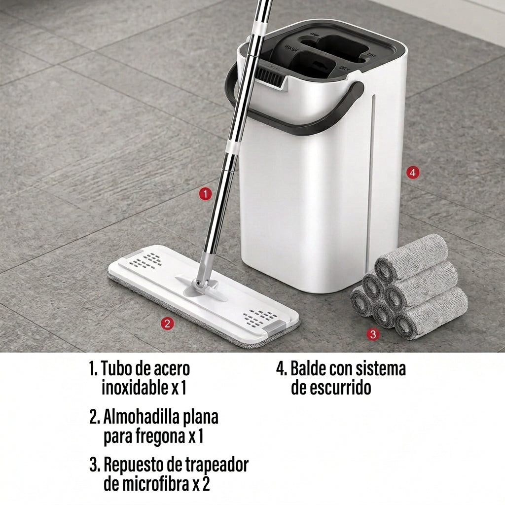 Trapero de Microfibra con Balde y Repuesto / Limpia sin mojarte las manos
